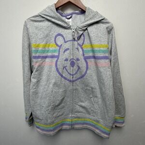 Disney Winnie the Pooh Women's Full Zip Striped‎ Fleece Hoodie Gray L Hooded